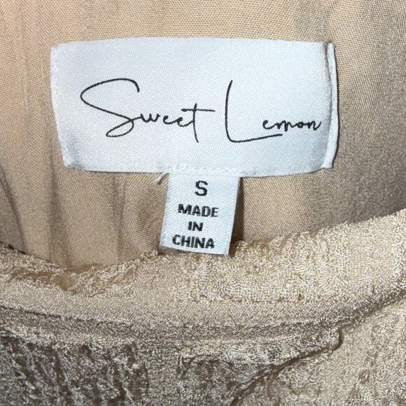 Sweet Lemon Tan Cream Puffy Sleeve A-Line Flowy Mini Short Dress with Pattern S - Picture 2 of 6